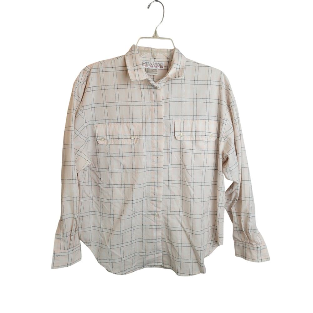 Vtg Melbourne Pink‎ Gray Plaid Long Sleeve Button Down Shirt Women's Size Small